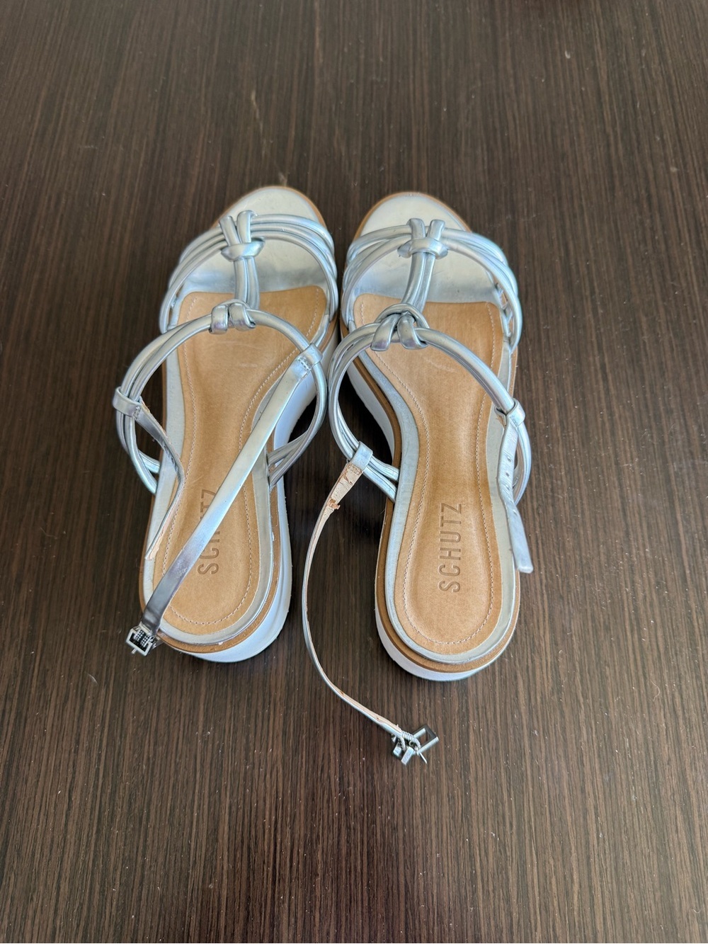 SCHUTZ Metallic Silver Knotted T-Strap Sandals - Picture 2 of 11